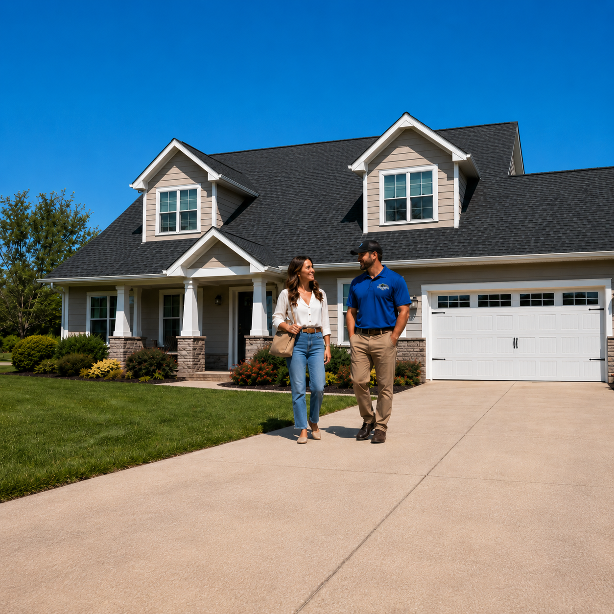 Homeowner and roofing representative after a clean finished roof installation