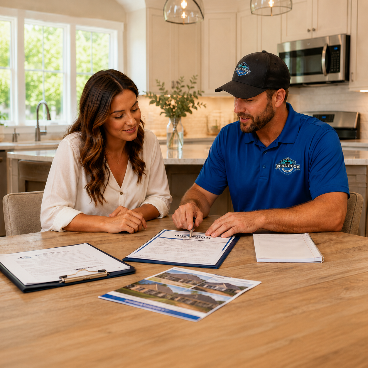Roofing proposal consultation at kitchen table