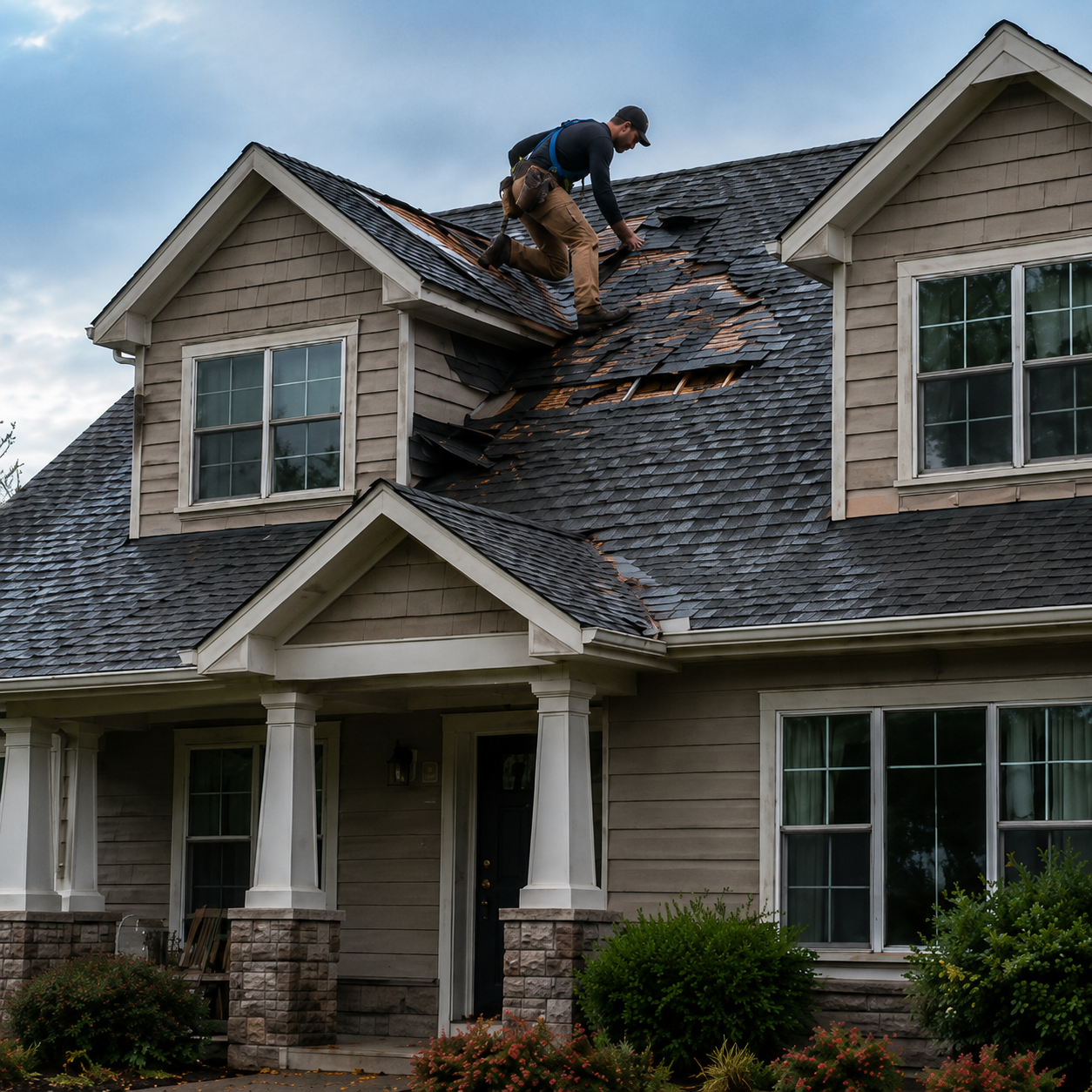 Roofing professional inspecting storm damage