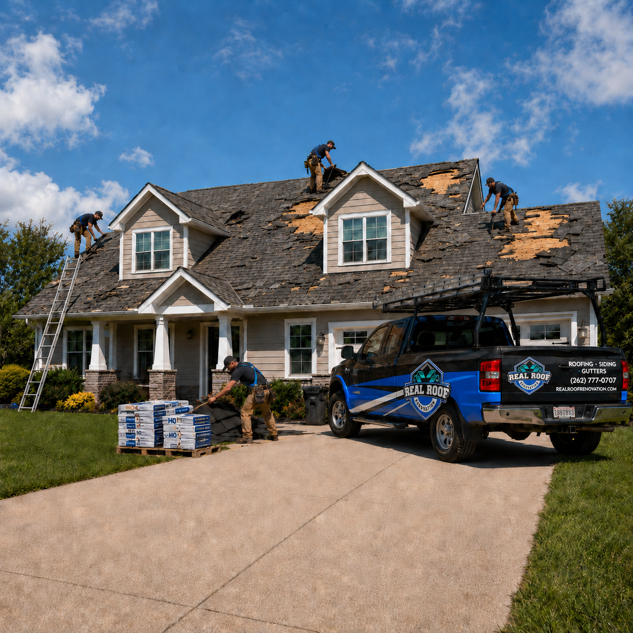 Storm damaged roof with roofing crew and company truck