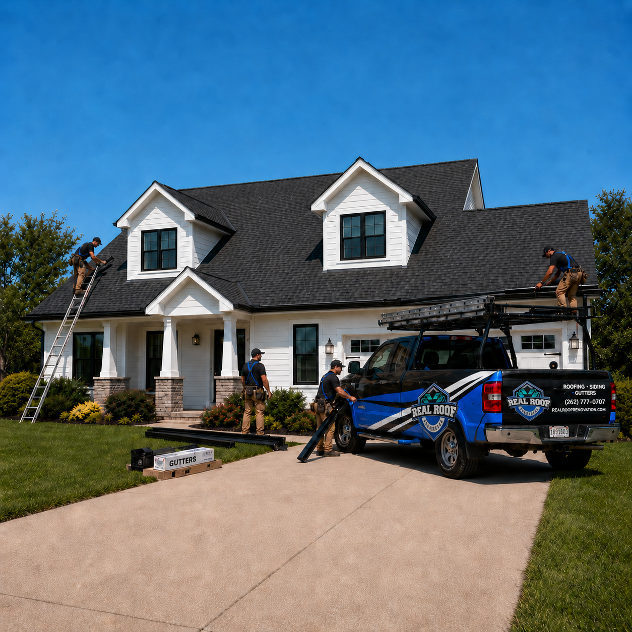 New roof and gutter installation with crew and company truck
