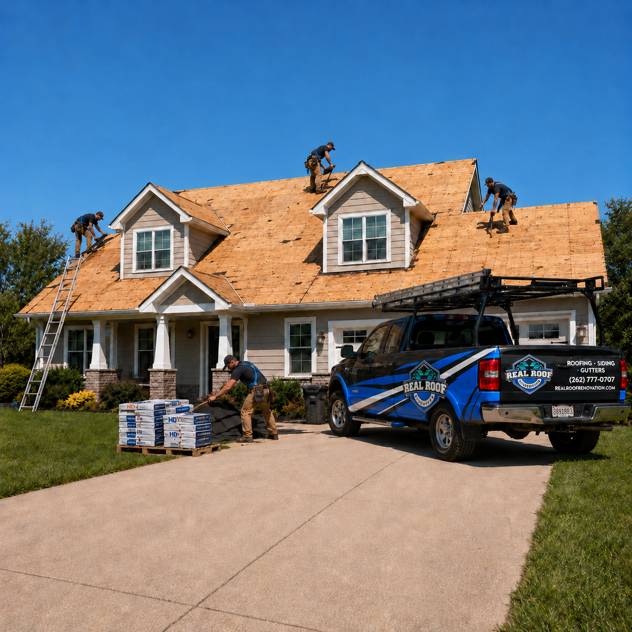 Roof replacement project with stripped roof deck, crew, and company truck