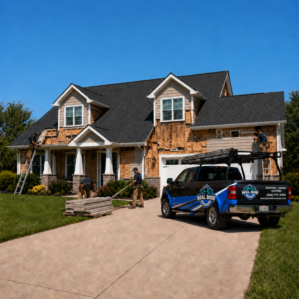 Siding renovation with exposed wall sheathing, crew, and company truck